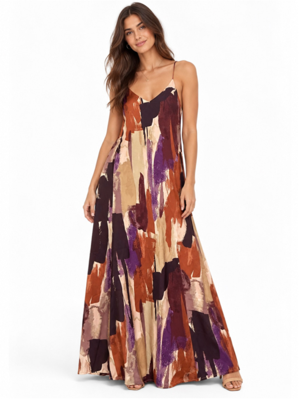 Tahari ASL Maxi Dress Size S Brown Purple Abstract Print NWT